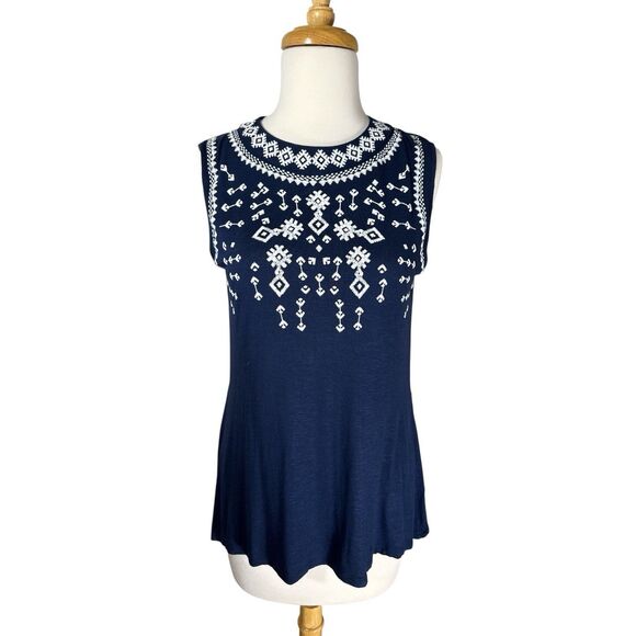 HANNAH Tops - Hannah Navy Blue Fair Isle Sleeveless Flare Tank Top Blouse Sz S